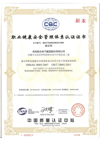 職業(yè)健康安全管理體系認證證書